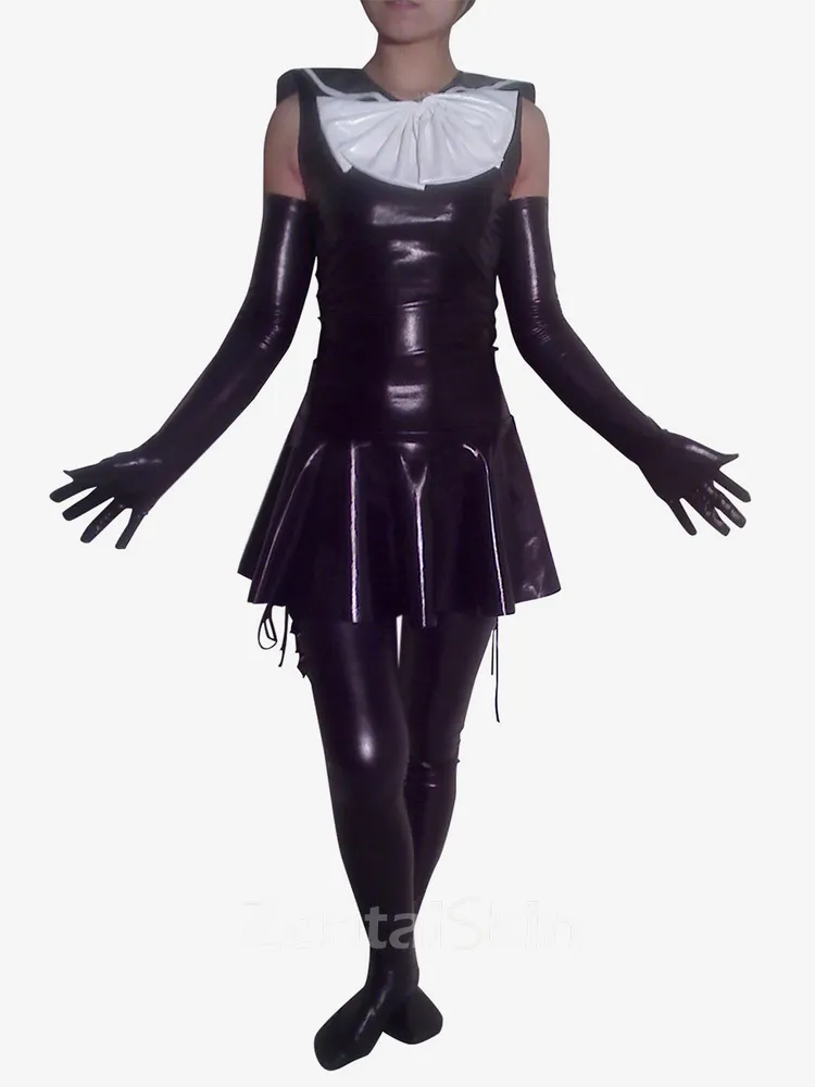 Second Skin Maid Wet Look Shiny Metallic Dress Shoulder Length Gloves and Stockings