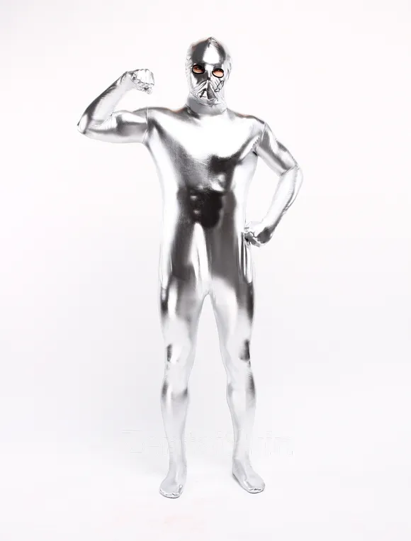 Silver Second Skin Full Body Wet Look Shiny Metallic Zentai Catsuit Skinsuit