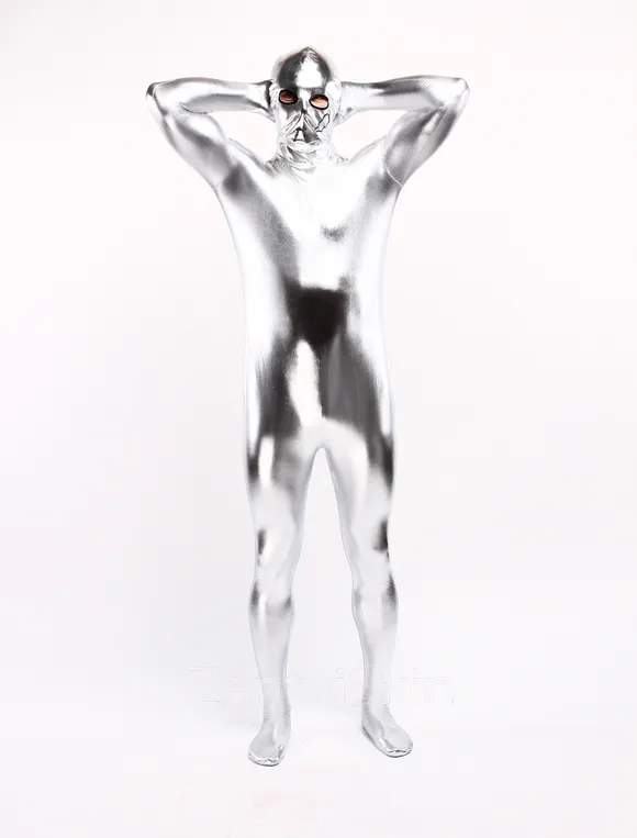 Silver Second Skin Full Body Wet Look Shiny Metallic Zentai Catsuit Skinsuit