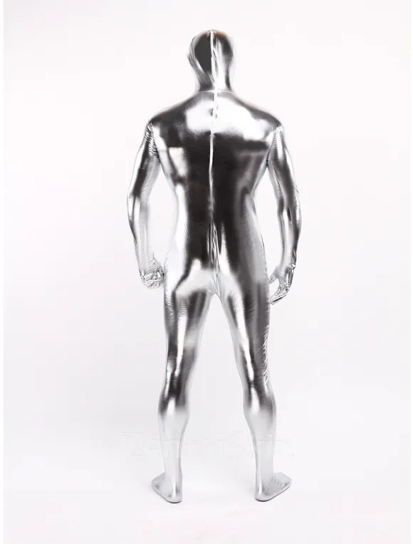 Silver Second Skin Full Body Wet Look Shiny Metallic Zentai Catsuit Skinsuit
