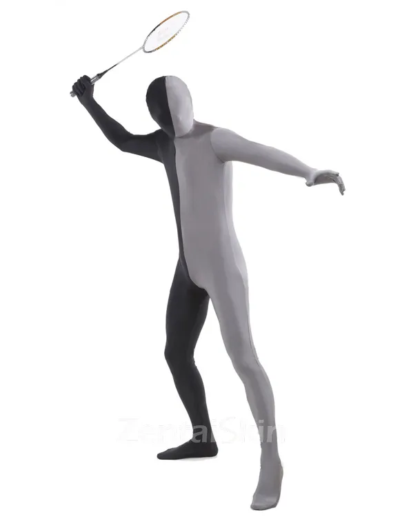 Black Grey Split Second Skin Full Body Lycra Spandex Fabric Zentai Catsuit Skinsuit