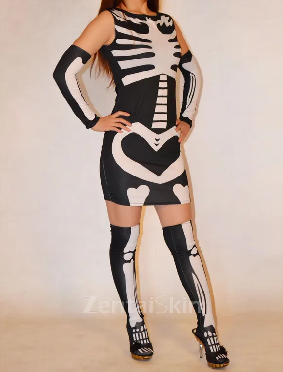 Black Clothing White Human Skeleton Costume Women Lycra Spandex Catsuit Second-skin Clothing (Dress Gloves Stocking)