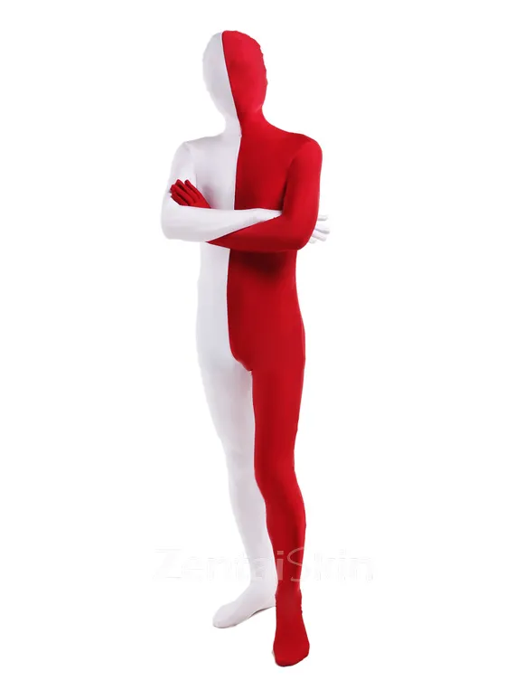 Red White Split Costume Lycra Spandex Second Skin Full Body Zentai Catsuit Skinsuit