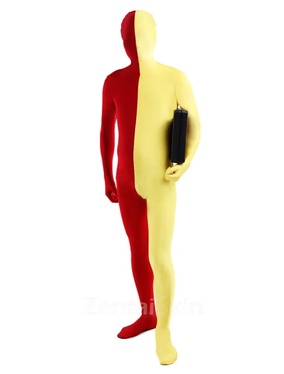 Red and Yellow Split Second Skin Full Body Lycra Spandex Zentai Catsuit Skinsuit