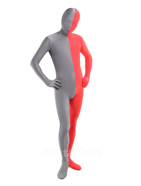 Red Grey Split Costume Second Skin Full Body Lycra Spandex Zentai Catsuit Skinsuit