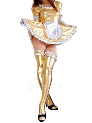 Second Skin Golden Sexy Maid Wet Look Shiny Metallic Dress Gloves Stocking 3-pieces Set