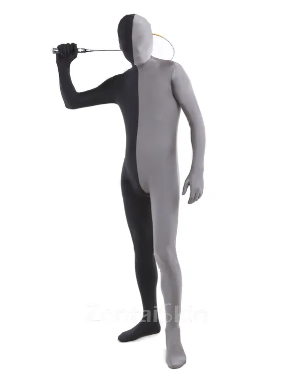 Black Grey Split Second Skin Full Body Lycra Spandex Fabric Zentai Catsuit Skinsuit