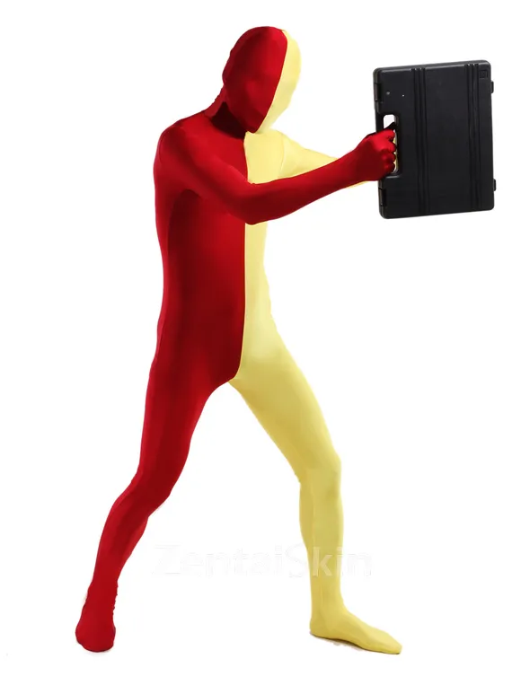 Red and Yellow Split Second Skin Full Body Lycra Spandex Zentai Catsuit Skinsuit