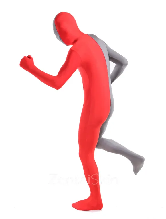Red Grey Split Costume Second Skin Full Body Lycra Spandex Zentai Catsuit Skinsuit
