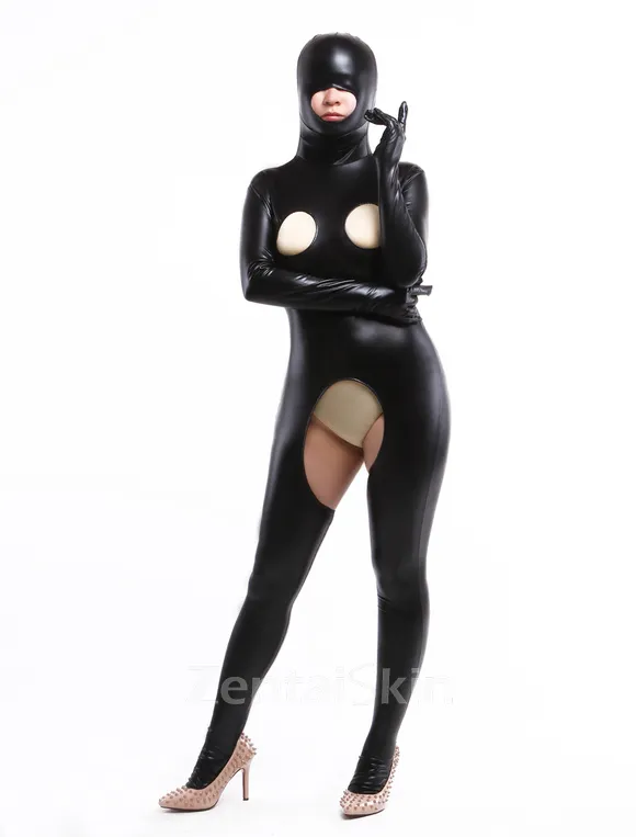 Black Crotchless Wet Look Zentai Shiny Metallic Hollow Out Catsuit Second-skin Clothing