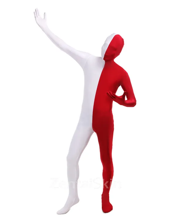 Red White Split Costume Lycra Spandex Second Skin Full Body Zentai Catsuit Skinsuit