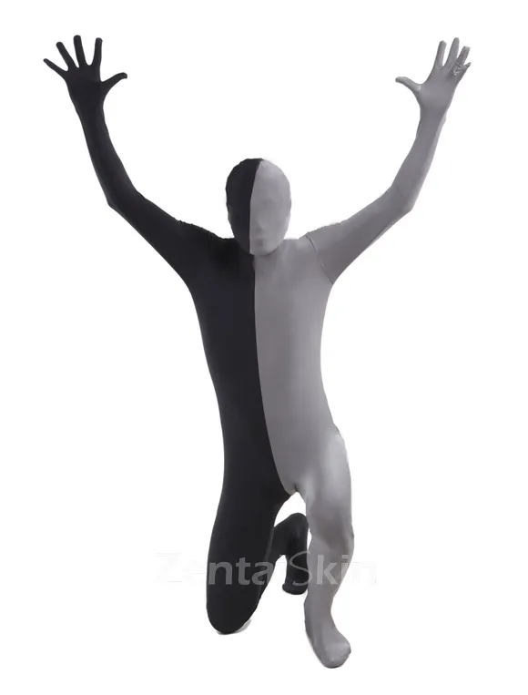 Black Grey Split Second Skin Full Body Lycra Spandex Fabric Zentai Catsuit Skinsuit