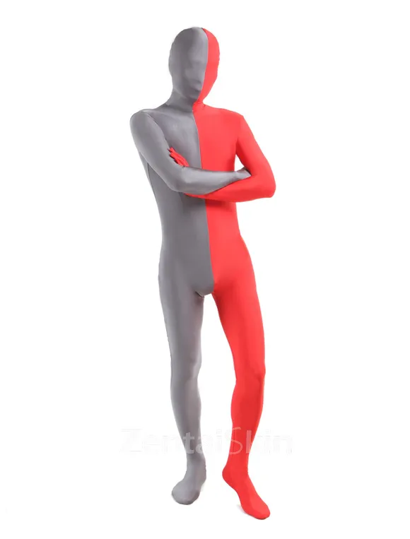 Red Grey Split Costume Second Skin Full Body Lycra Spandex Zentai Catsuit Skinsuit