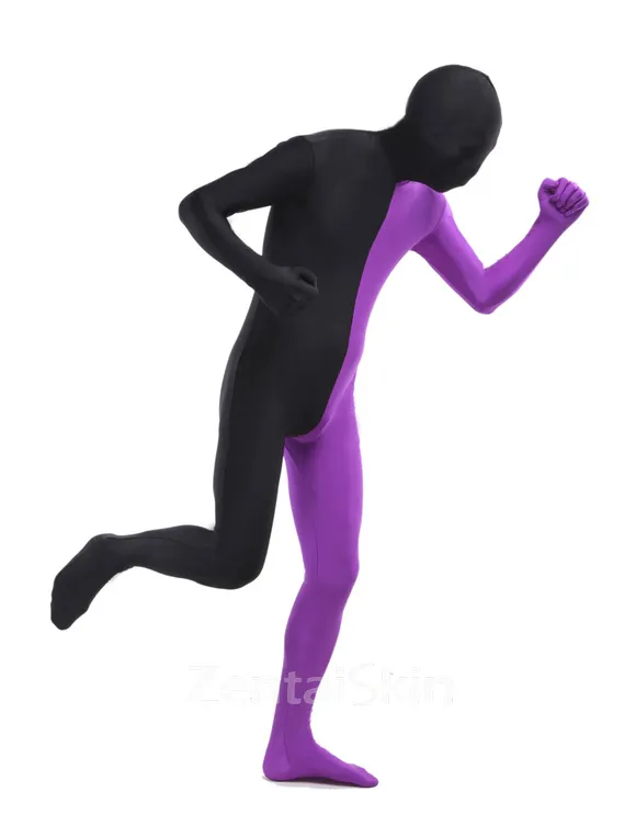 Purple and Black Split Second Skin Full Body Lycra Spandex Zentai Catsuit Skinsuit