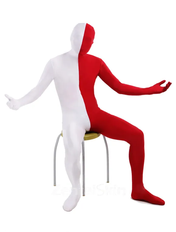 Red White Split Costume Lycra Spandex Second Skin Full Body Zentai Catsuit Skinsuit