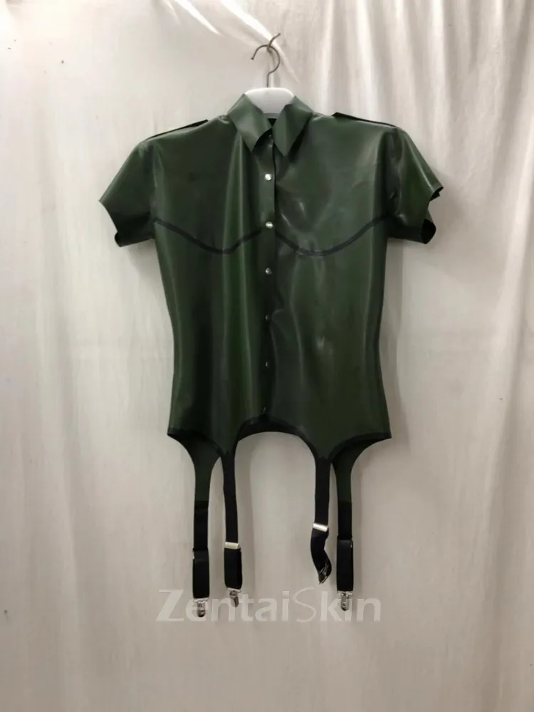 Second Skin Natural Latex Army Green Men Short Sleeve Latex Shirt