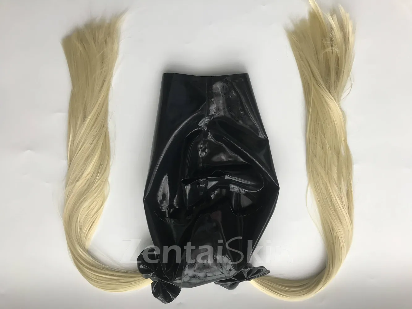 Second Skin Natural Latex Black Mask Fetish Open Eyes Mouth Back Zipper Hood with Hair pieces Wig