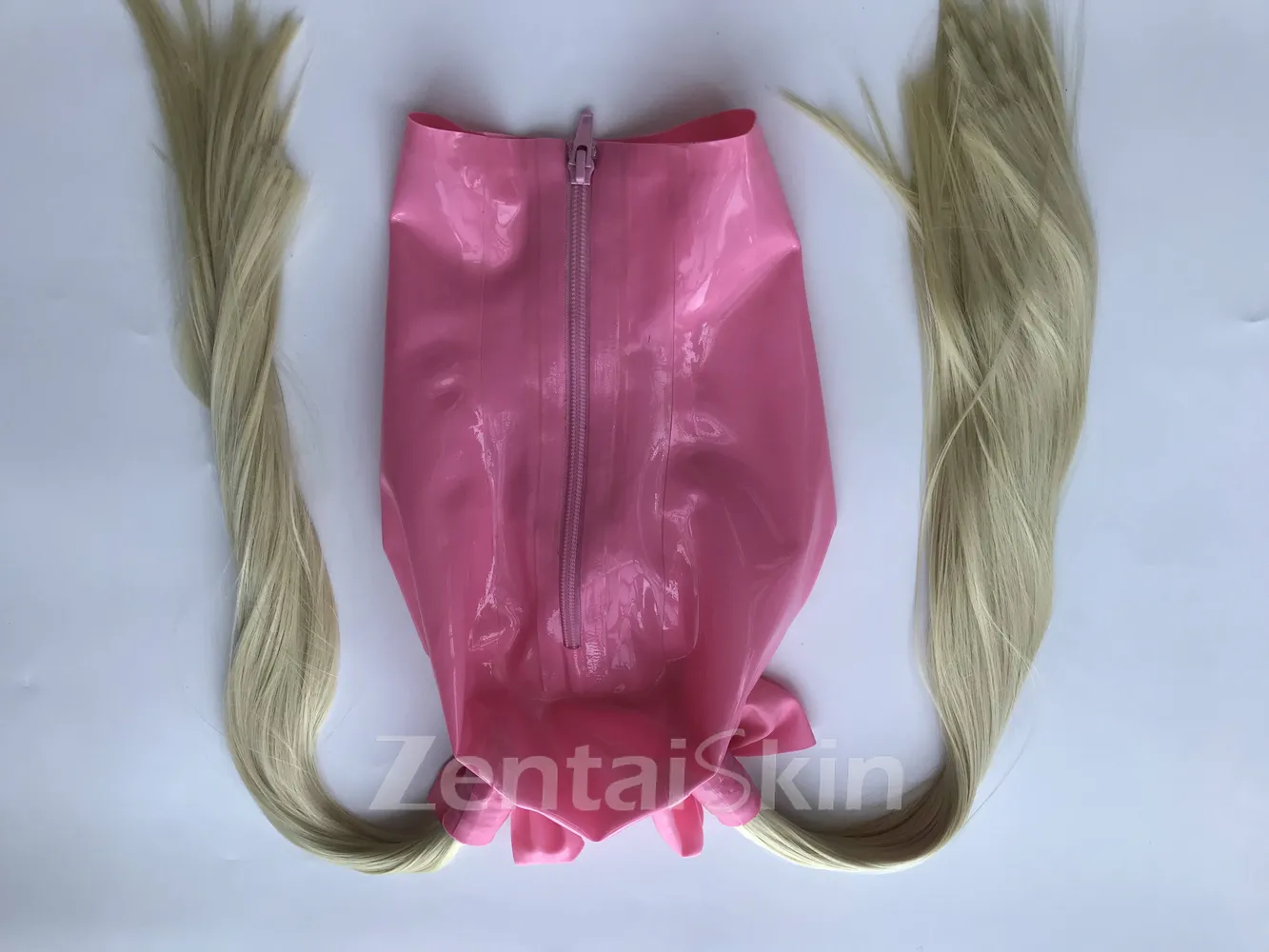Second Skin Natural Latex Black Mask Fetish Open Eyes Mouth Back Zipper Hood with Hair pieces Wig