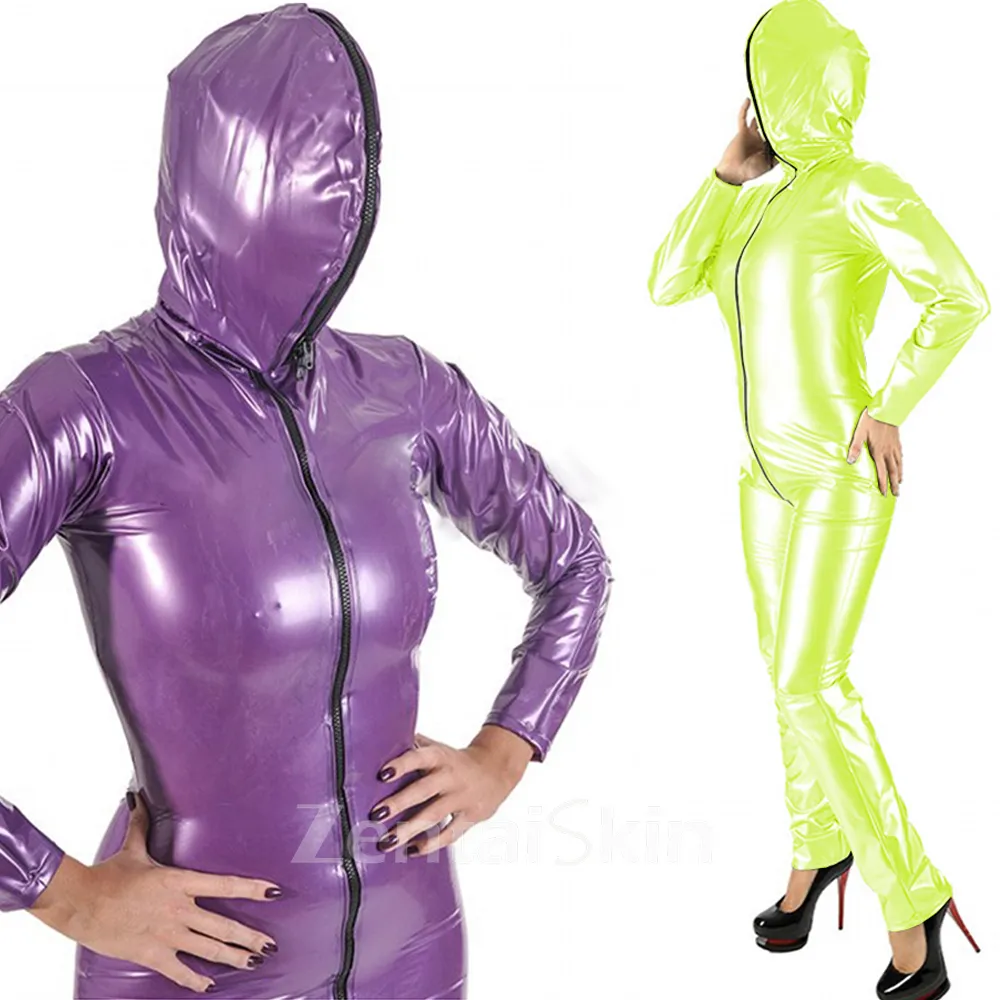Long Sleeve Catsuit Zentai Second-skin Clothing High Waist Elastic Wet Look Skinsuit Wetlook Unitard PVC Zip Front Hooded Bodysuit