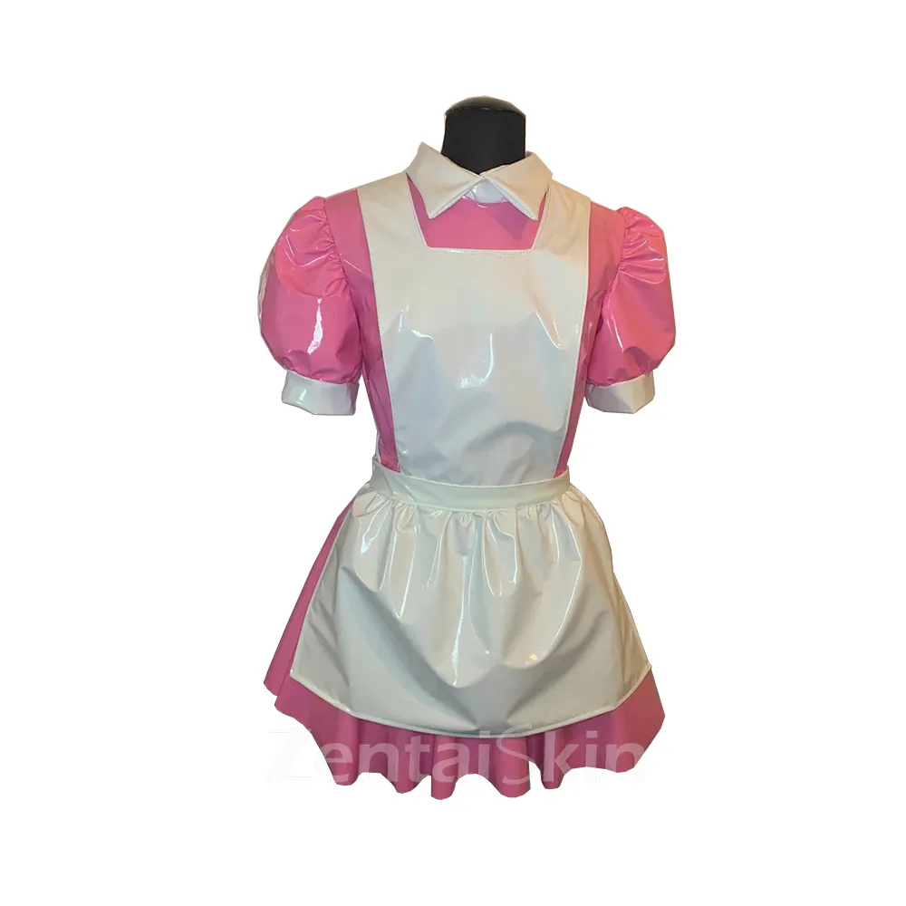 Second Skin Male Sissy Wetlook PVC Dress French Maid Dress Puff Sleeve Maid Servant Uniform
