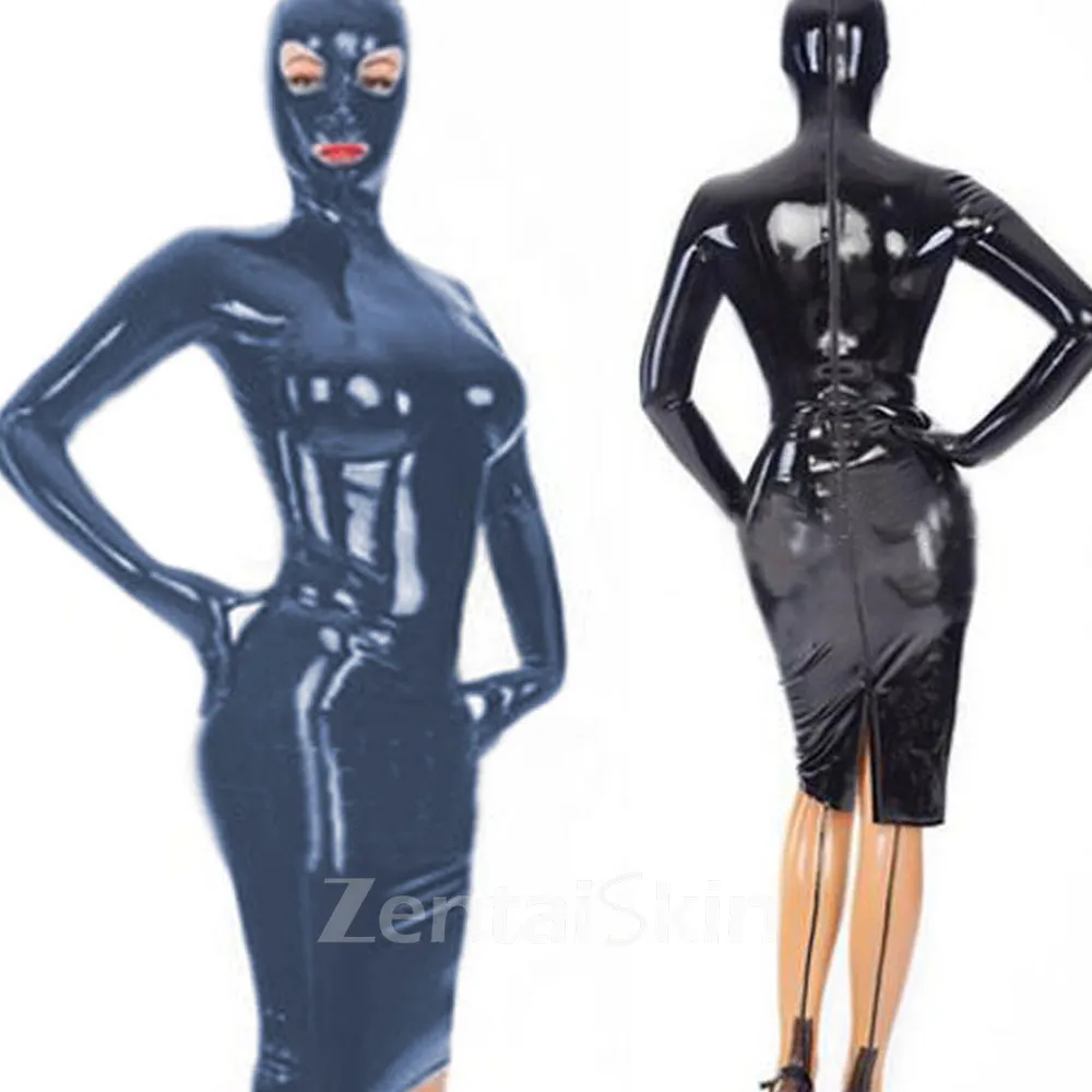 Zentai Second-skin Women Wet Look Skinsuit Wetlook Unitard PVC Hooded Mini Dress Zipper Bondage Dress Wrap Dress with Mask