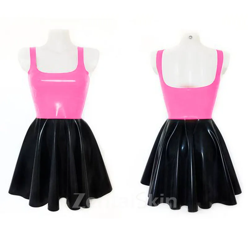 Second Skin Wetlook PVC Dresses Women Summer Splicing Color A-line Sleeveless Hem Pleated Mini Dress