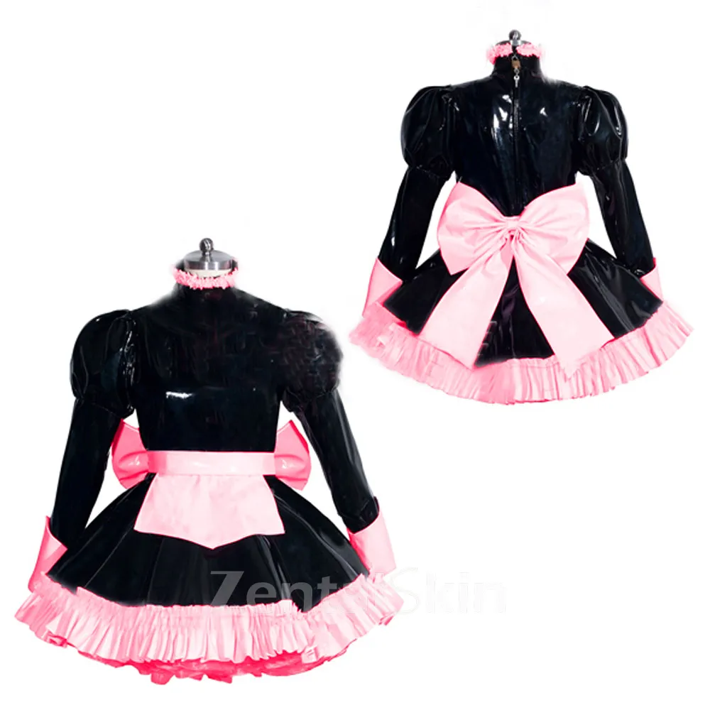 Second Skin Wetlook PVC Maid Dress Lockable Uniform Sissy Long Sleeve Wet Look Shiny Dresses with Apron