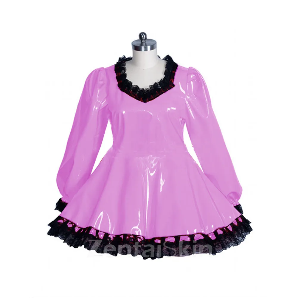 Second Skin Women Dress Lace Latex Look Wet Look Dress Maid Wetlook PVC Sexy Costumes Lockable Lolita Long Sleeve Dress