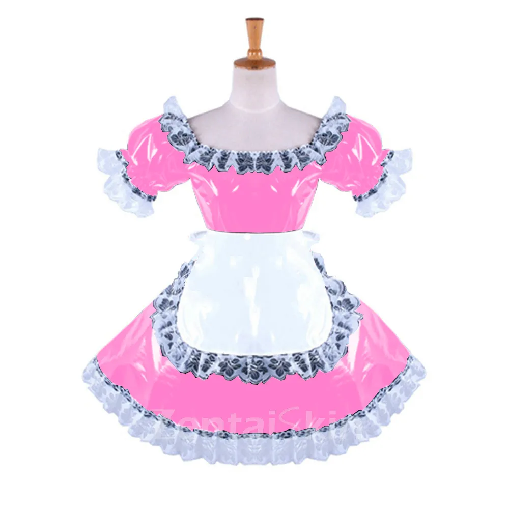 Second Skin Lolita Wetlook PVC French Maid Dresses Lockable Sissy Dress with Apron