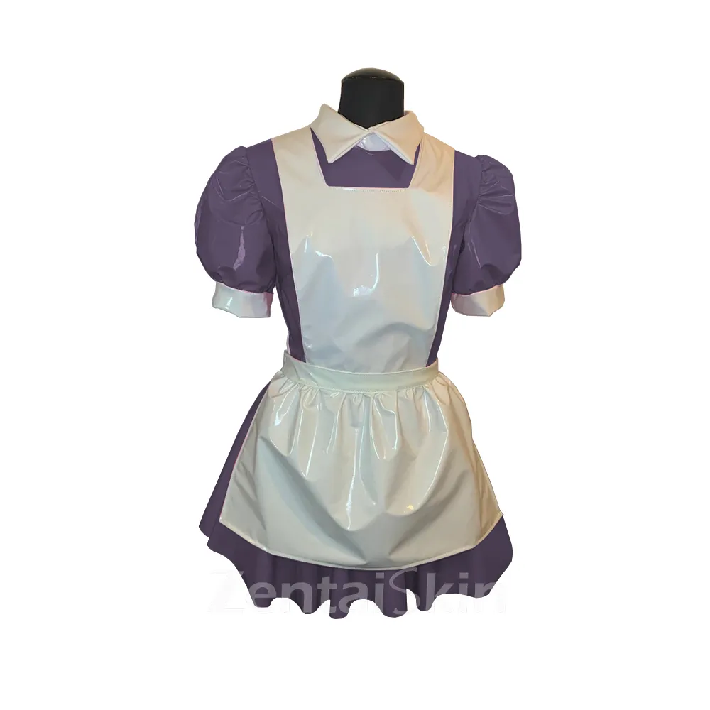 Second Skin Male Sissy Wetlook PVC Dress French Maid Dress Puff Sleeve Maid Servant Uniform