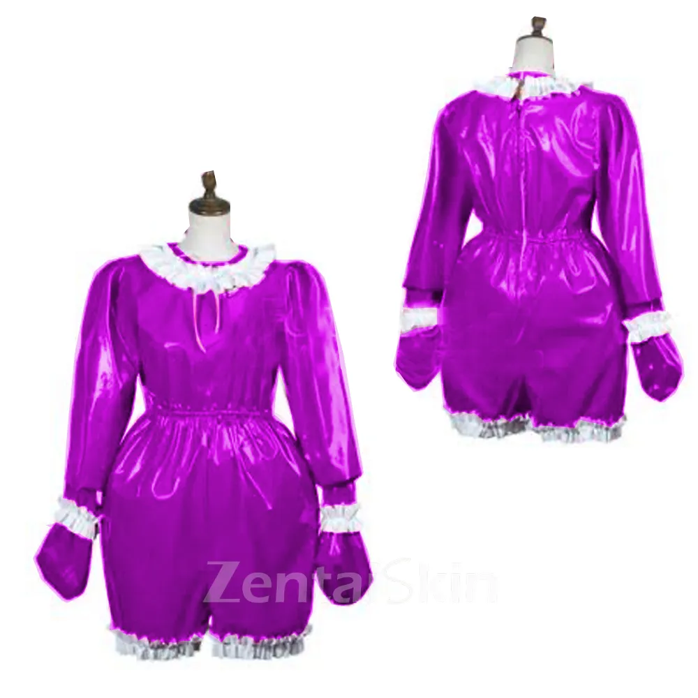 Zentai Second-skin Sissy Skinsuit Wetlook Unitard PVC Long Sleeve Ruffle Jumpsuit Round Neck Back Zipper Pleated Pajamas Maid Jumpsuit