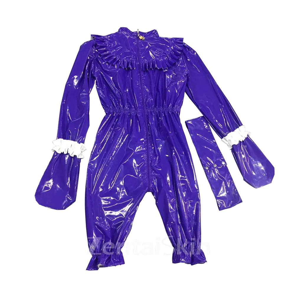 Zentai Second-skin Aldult Sissy Lockable Bloomers Jumpsuit Zipper Waist Elastic Wet Look Skinsuit Shiny Wetlook Unitard PVC Bodysuit with Gloves