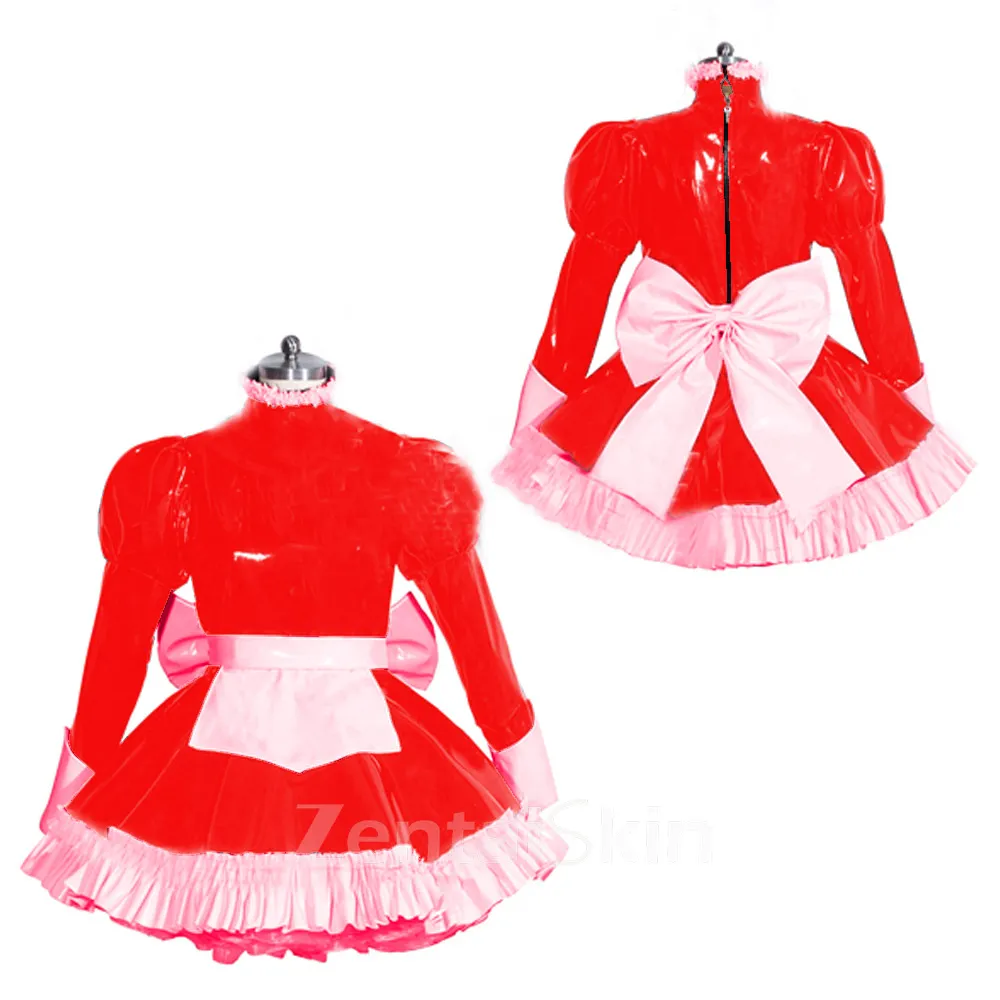 Second Skin Wetlook PVC Maid Dress Lockable Uniform Sissy Long Sleeve Wet Look Shiny Dresses with Apron