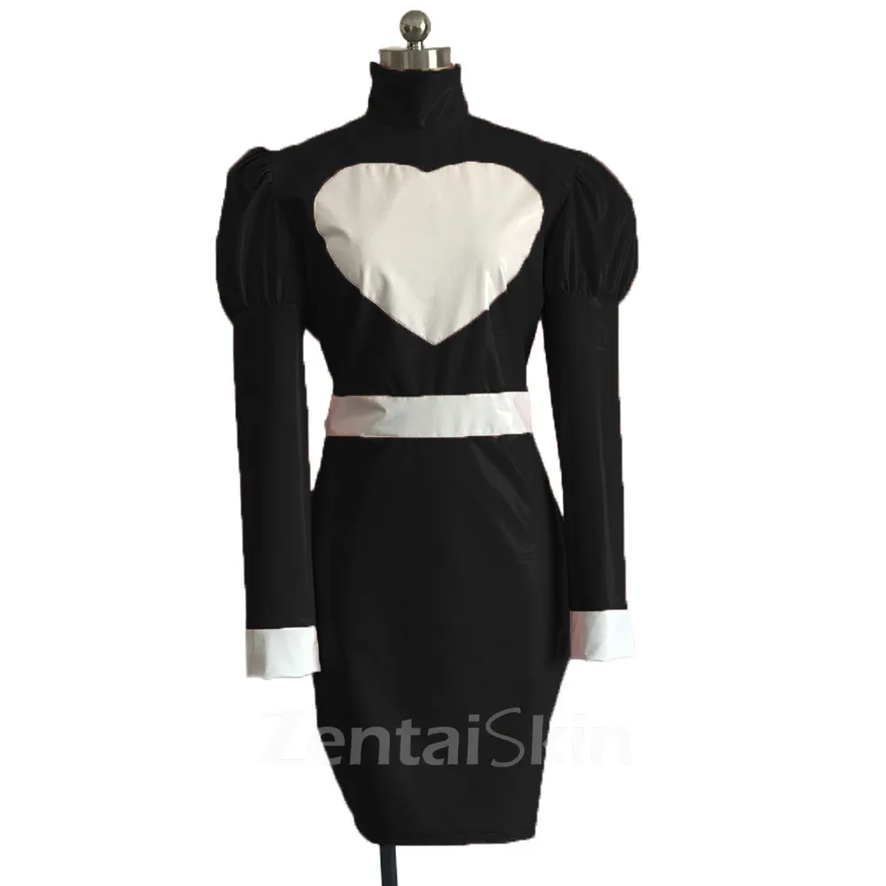 Second Skin High Collar Gothic Dresses Puff Long Sleeve Glossy Wetlook PVC Bodycon Maid Queen Fancy Dress