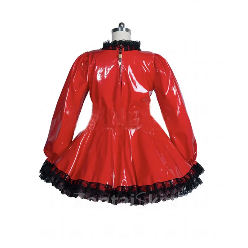 Second Skin Women Dress Lace Latex Look Wet Look Dress Maid Wetlook PVC Sexy Costumes Lockable Lolita Long Sleeve Dress