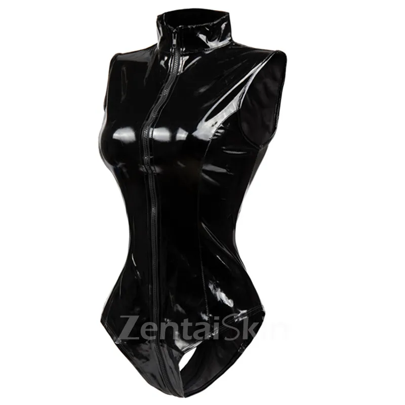 Second Skin Red Black Latex Look Bodycon Bodysuit Zipper Wetlook Leotard PVC Jumpsuit