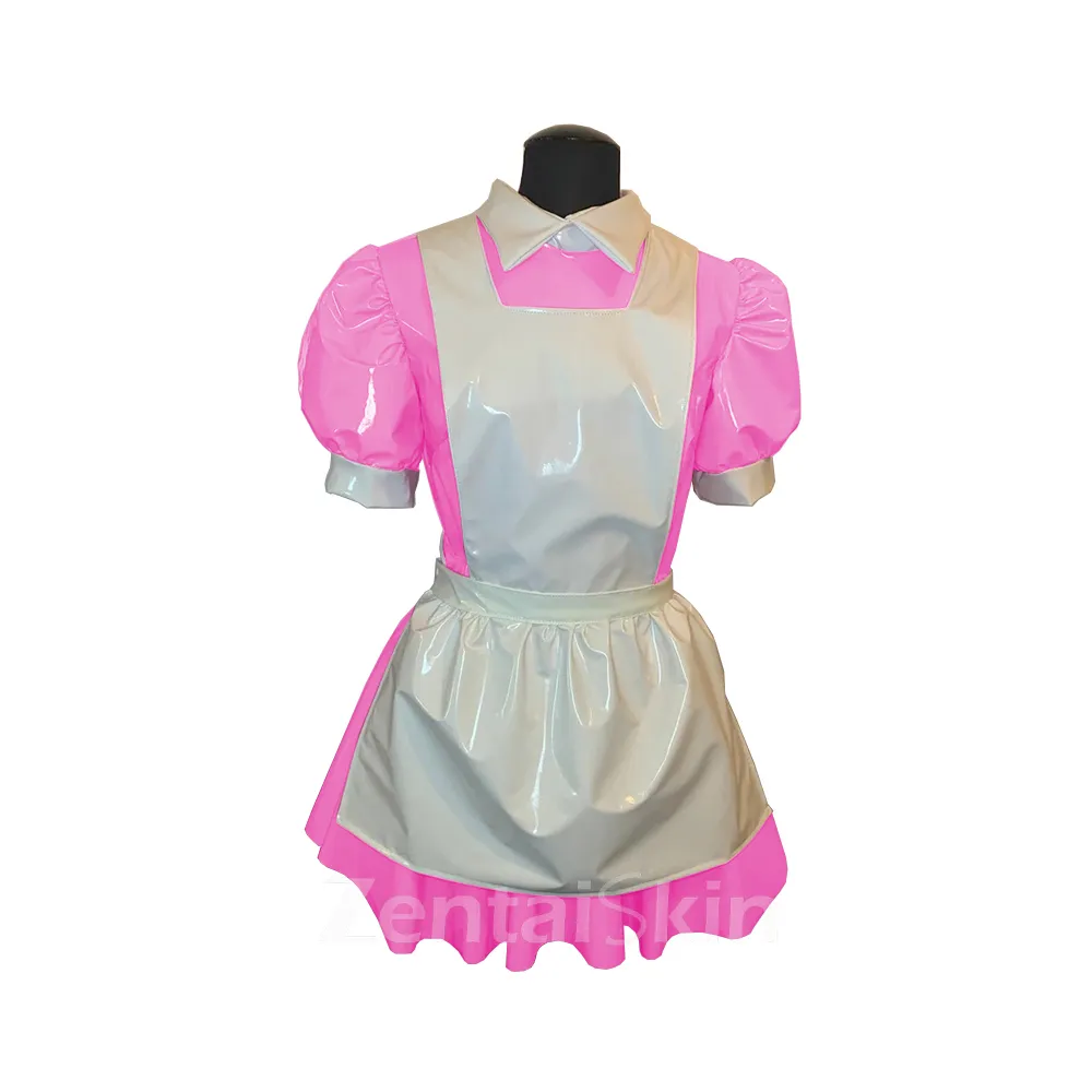 Second Skin Male Sissy Wetlook PVC Dress French Maid Dress Puff Sleeve Maid Servant Uniform