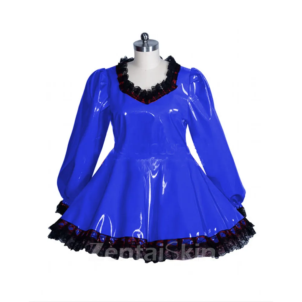 Second Skin Sissy Dress Wetlook PVC Dresses Lockable Maid Long Sleeve Lace Trimming Lolita Dress