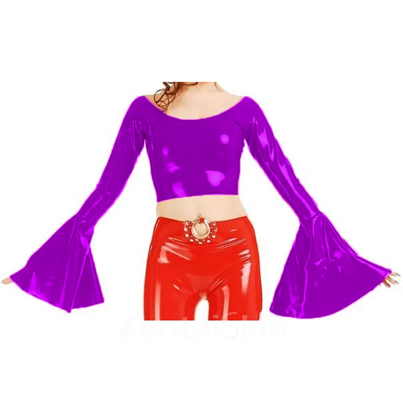 Second Skin Women O-neck Tops Long Flared Sleeve Shirt Wetlook PVC Short Coats
