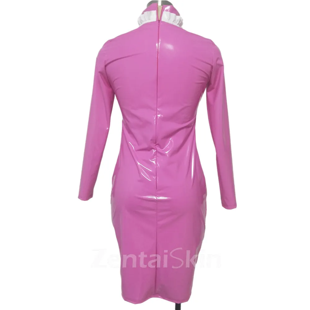 Second Skin Women Wetlook PVC High Collar Long Sleeve Bodycon Lady Slim Dress