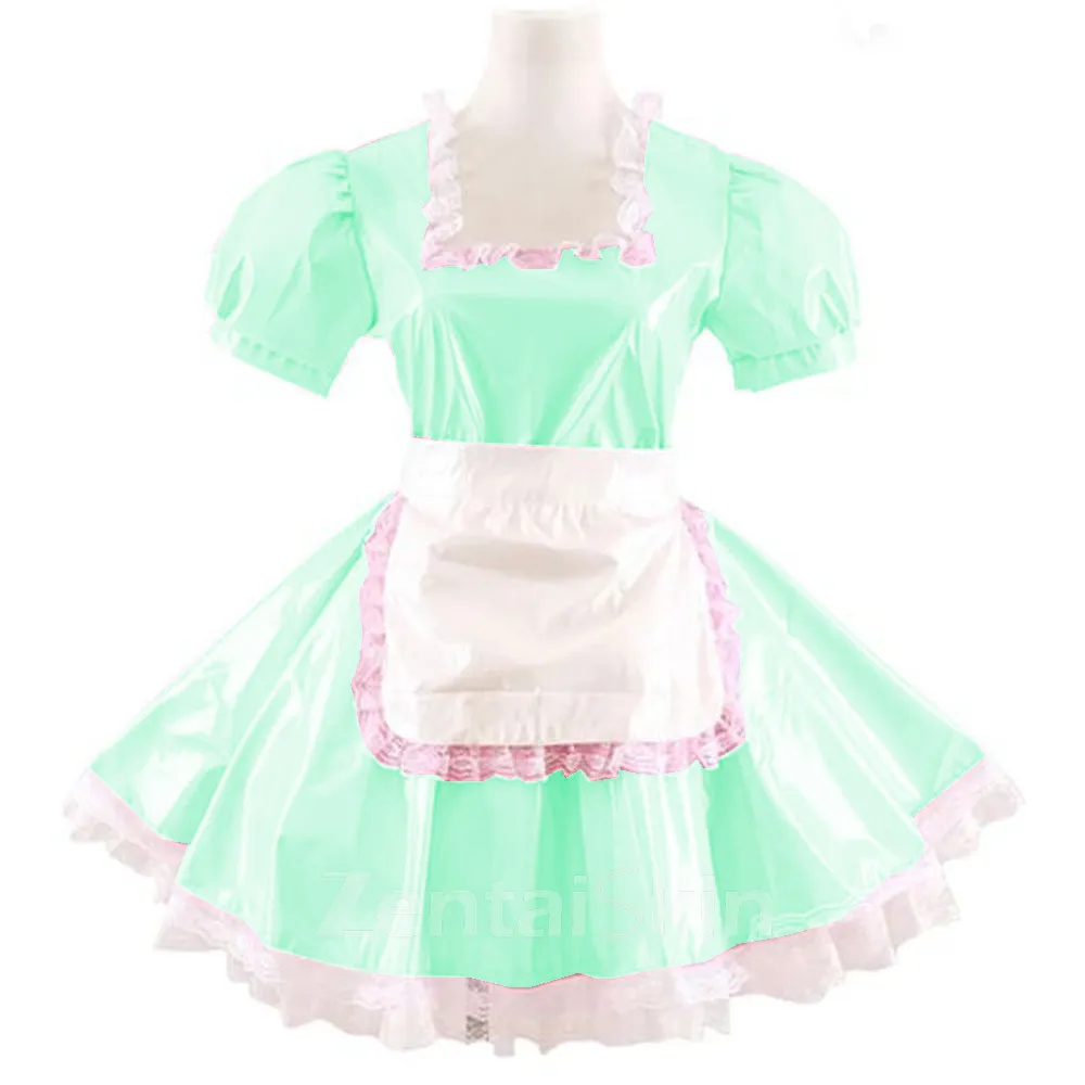 Second Skin French Maid Dress Lace Square Neck Sissy Wetlook PVC Lolita Dresses with Apron
