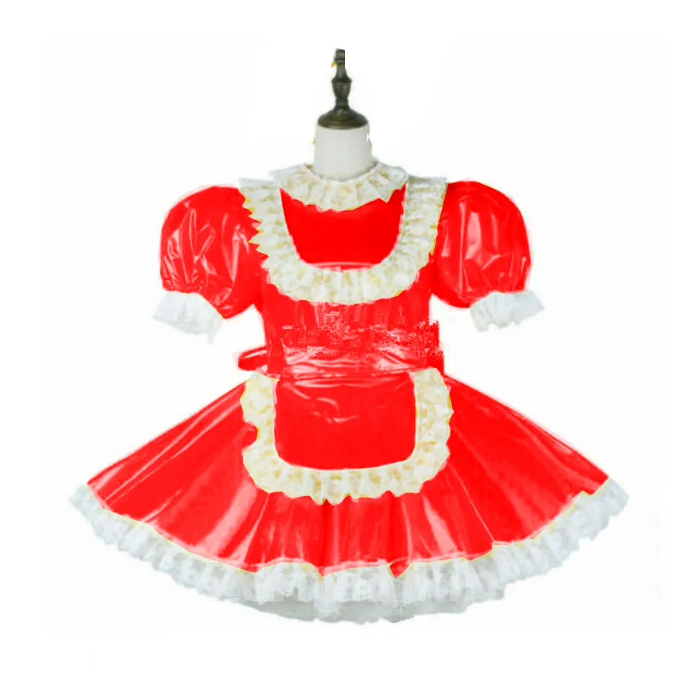 Second Skin French Maid Sissy Dress Uniform Anime Cosplay Sweet Lolita Wetlook PVC Dress