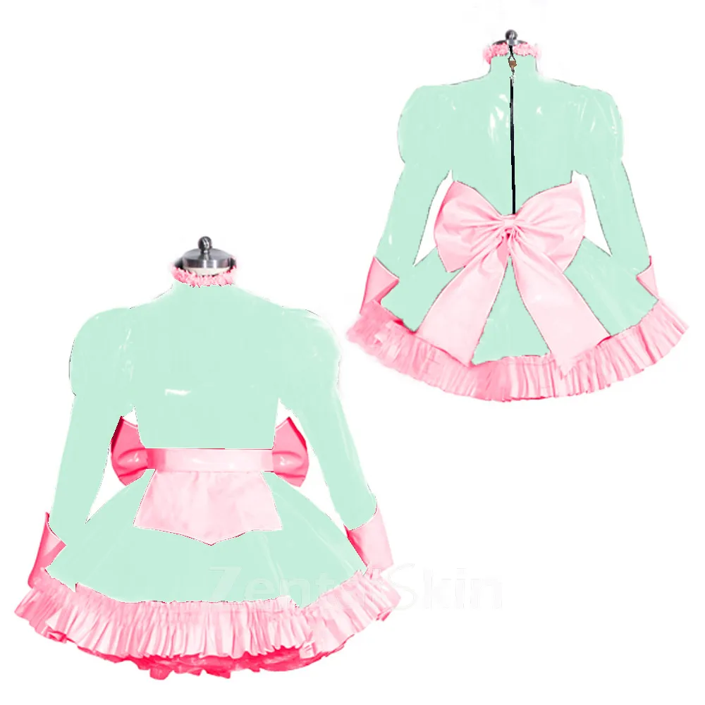 Second Skin Wetlook PVC Maid Dress Lockable Uniform Sissy Long Sleeve Wet Look Shiny Dresses with Apron