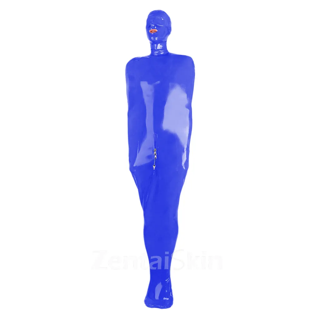 Zentai Second-skin Sleeping Sack Open Head Front Zipper Skinsuit Wetlook Unitard PVC Bondage bag
