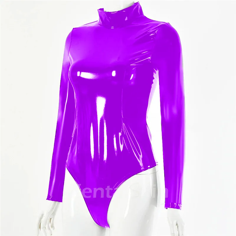 Second Skin Women Long Sleeve Bodysuit Wrap Sexy Wetlook Leotard PVC Bodysuits