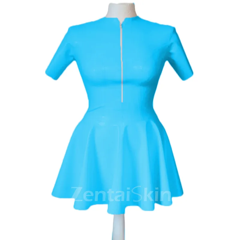 Second Skin Bust Zippers Wetlook PVC Dress Solid V-neck Pleated Sexy Women Bodycon Mini Dress