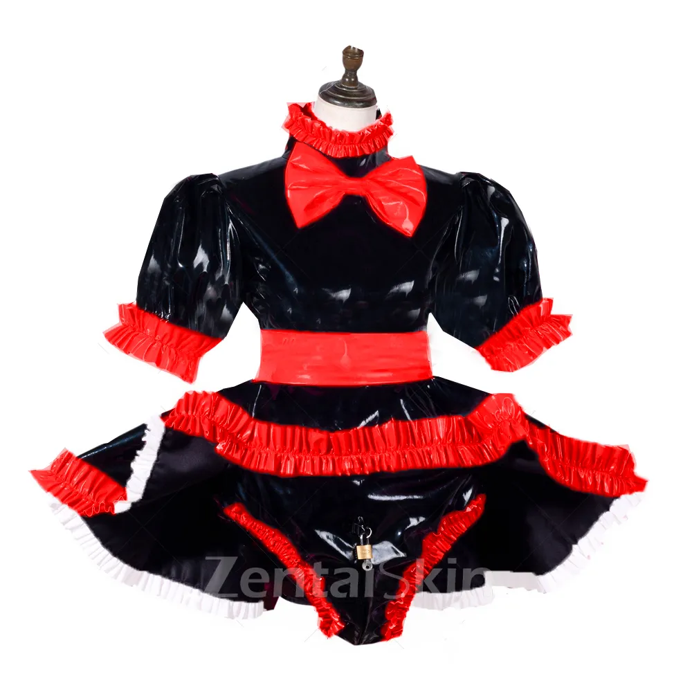 Second Skin Cross-dresser Wetlook PVC Dress Lockable Panties French Maid Dresses Sweet Lolita Dress