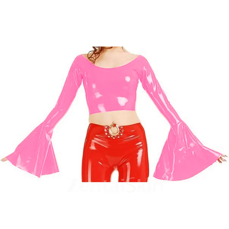 Second Skin Women O-neck Tops Long Flared Sleeve Shirt Wetlook PVC Short Coats