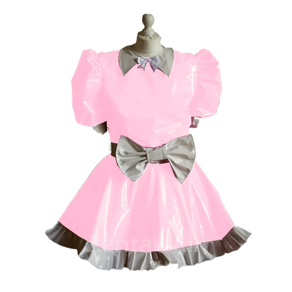Second Skin Women Lapel Collar Mini Dress Sexy Puff Short Sleeve Maid Dresses with White Bow