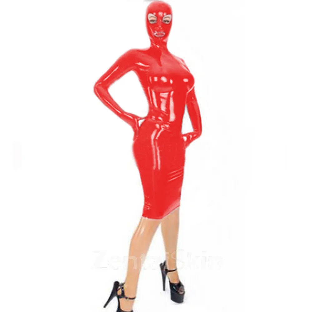 Zentai Second-skin Women Wet Look Skinsuit Wetlook Unitard PVC Hooded Mini Dress Zipper Bondage Dress Wrap Dress with Mask